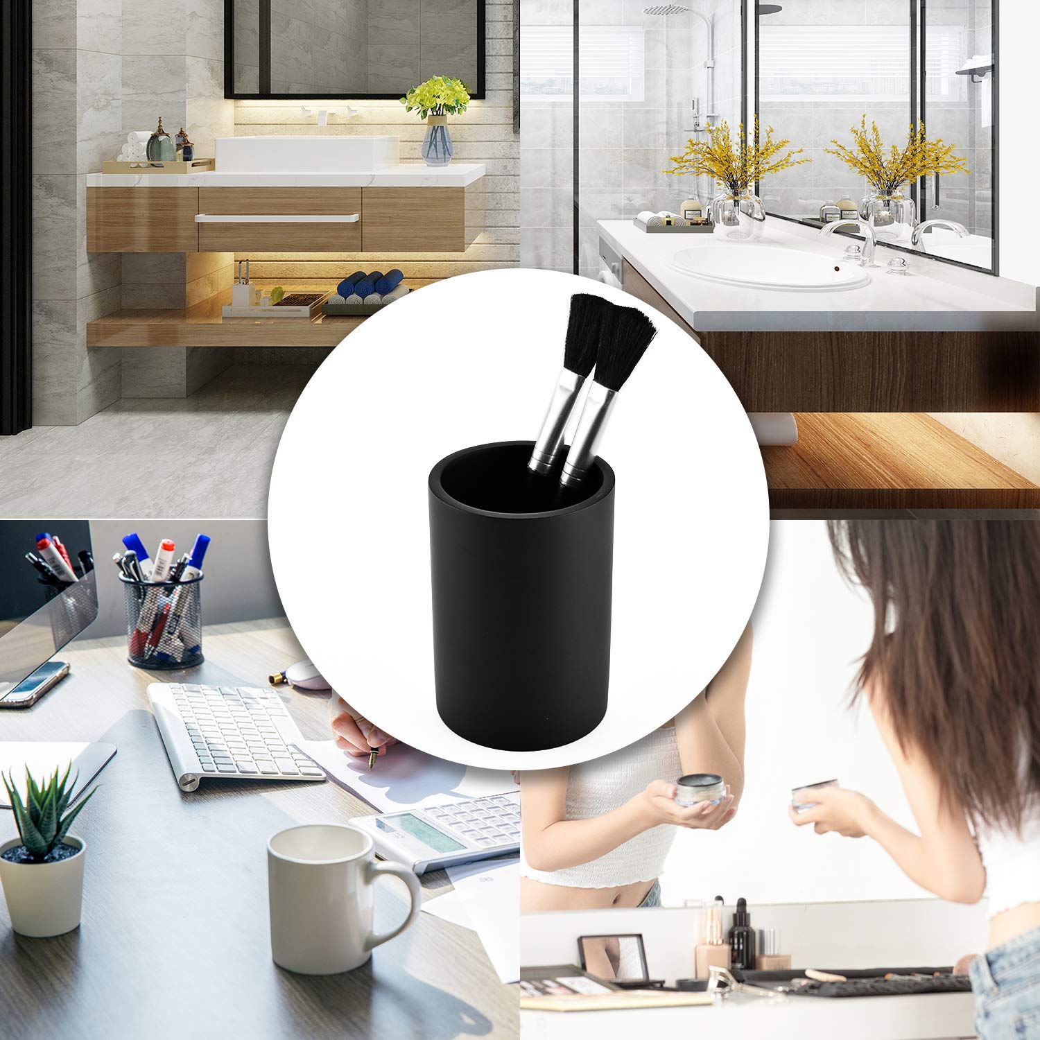Jincrop Matte Black Bathroom Cup Resin Matte Black Tumbler Cup Round Bathroom Cylinder Makeup Brushes Cup Toothpaste Pens Holder